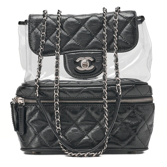 CHANEL Vintage Calf x Vinyl Matelasse Turn Lock Backpack-Type Chain Shoulder Black Silver-Tone Hardware, Pre-Owned