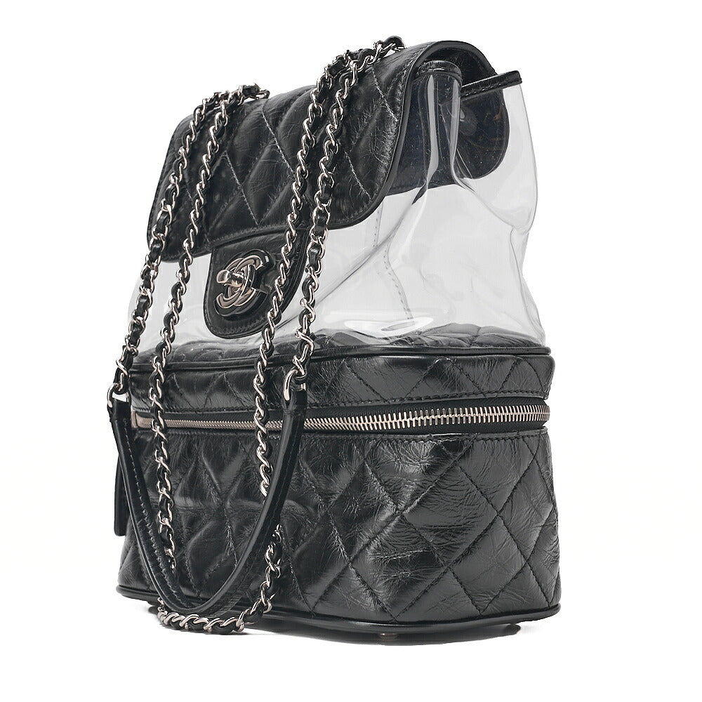 CHANEL Vintage Calf x Vinyl Matelasse Turn Lock Backpack-Type Chain Shoulder Black Silver-Tone Hardware, Pre-Owned