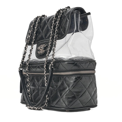 CHANEL Vintage Calf x Vinyl Matelasse Turn Lock Backpack-Type Chain Shoulder Black Silver-Tone Hardware, Pre-Owned
