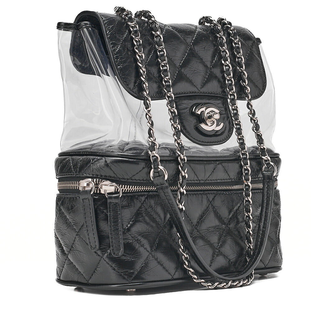 CHANEL Vintage Calf x Vinyl Matelasse Turn Lock Backpack-Type Chain Shoulder Black Silver-Tone Hardware, Pre-Owned