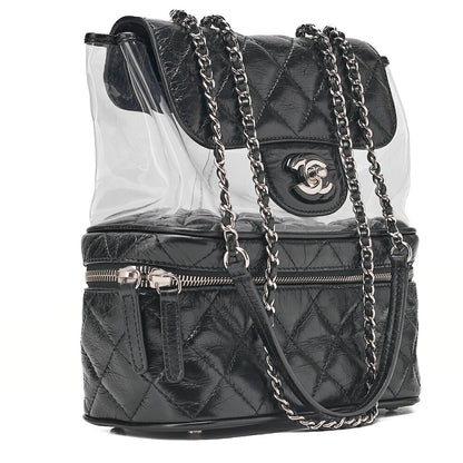 CHANEL Vintage Calf x Vinyl Matelasse Turn Lock Backpack-Type Chain Shoulder Black Silver-Tone Hardware, Pre-Owned