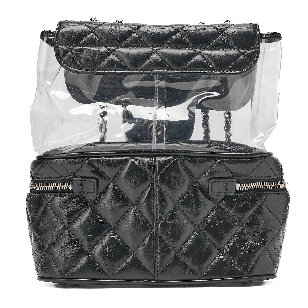 CHANEL Vintage Calf x Vinyl Matelasse Turn Lock Backpack-Type Chain Shoulder Black Silver-Tone Hardware, Pre-Owned