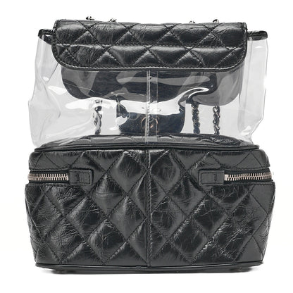 CHANEL Vintage Calf x Vinyl Matelasse Turn Lock Backpack-Type Chain Shoulder Black Silver-Tone Hardware, Pre-Owned