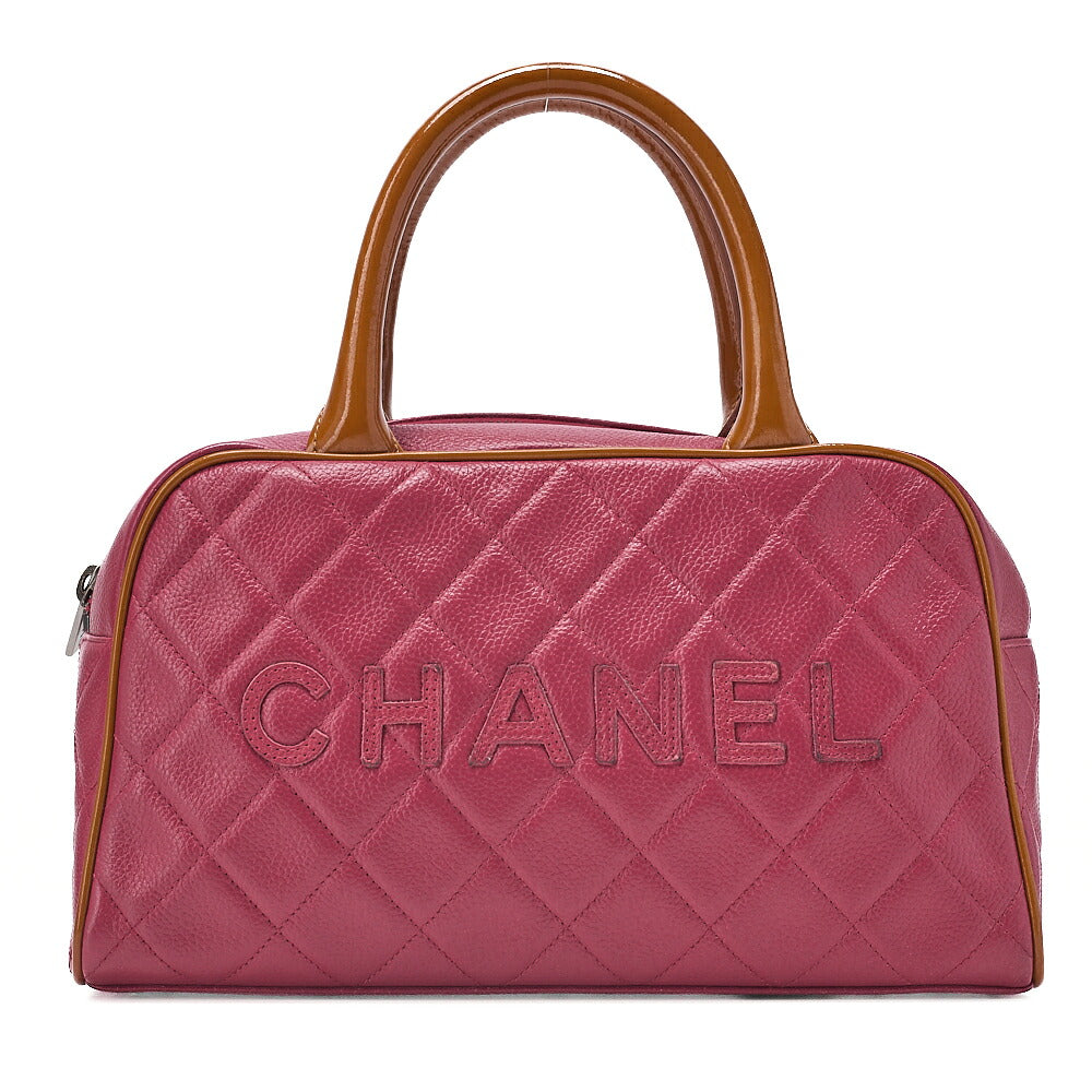 CHANEL Matelasse Caviar Skin Logo Mini Boston Bag Rose Pink x Brown Silver-Tone Hardware, Pre-Owned
