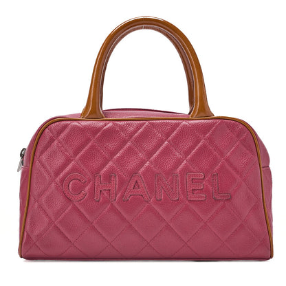 CHANEL Matelasse Caviar Skin Logo Mini Boston Bag Rose Pink x Brown Silver-Tone Hardware, Pre-Owned
