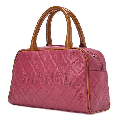 CHANEL Matelasse Caviar Skin Logo Mini Boston Bag Rose Pink x Brown Silver-Tone Hardware, Pre-Owned