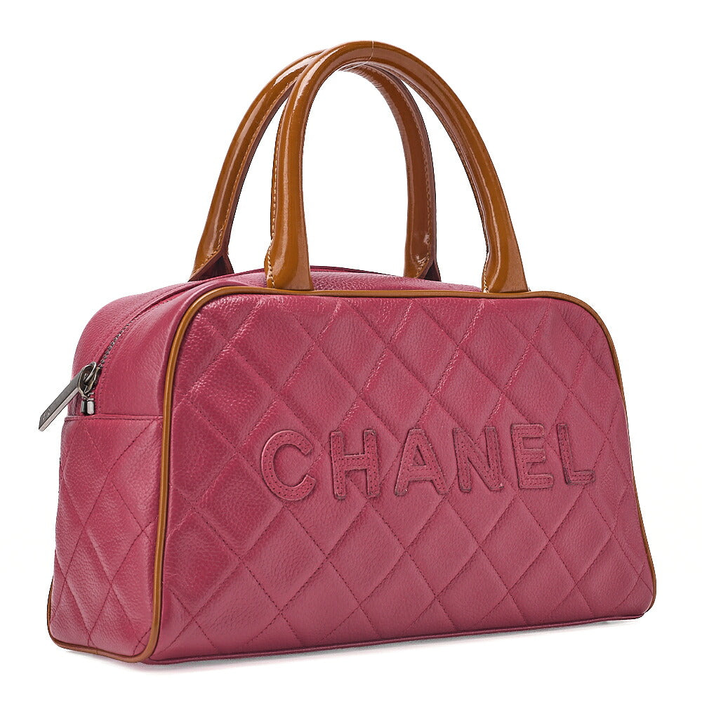 CHANEL Matelasse Caviar Skin Logo Mini Boston Bag Rose Pink x Brown Silver-Tone Hardware, Pre-Owned