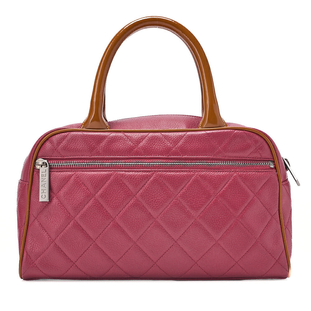 CHANEL Matelasse Caviar Skin Logo Mini Boston Bag Rose Pink x Brown Silver-Tone Hardware, Pre-Owned