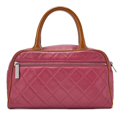 CHANEL Matelasse Caviar Skin Logo Mini Boston Bag Rose Pink x Brown Silver-Tone Hardware, Pre-Owned