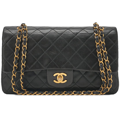 CHANEL Lambskin Matelasse Double Flap Chain Shoulder Black Gold-Tone Hardware, Pre-Owned