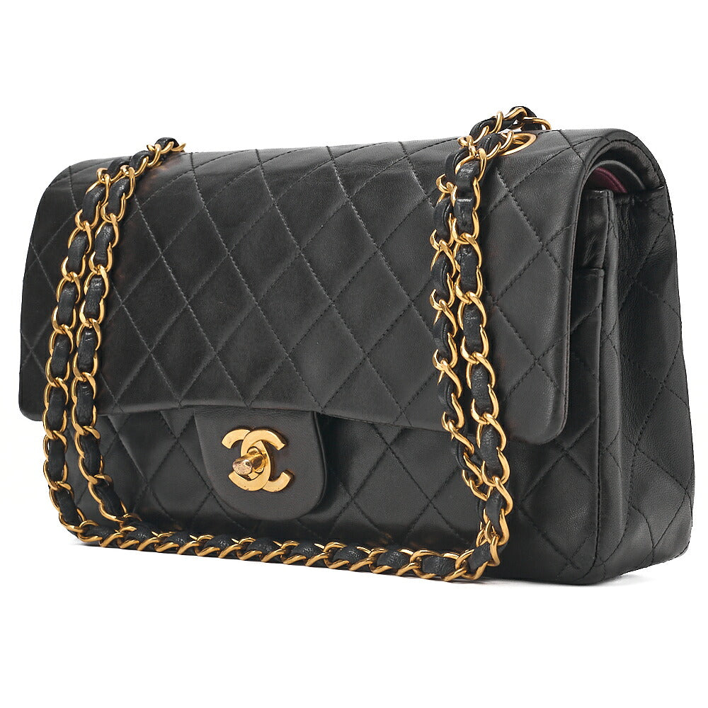 CHANEL Lambskin Matelasse Double Flap Chain Shoulder Black Gold-Tone Hardware, Pre-Owned