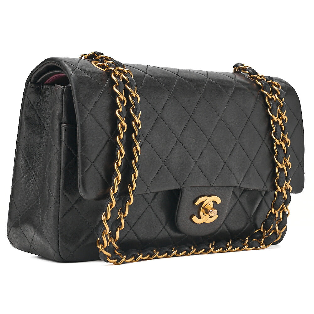 CHANEL Lambskin Matelasse Double Flap Chain Shoulder Black Gold-Tone Hardware, Pre-Owned