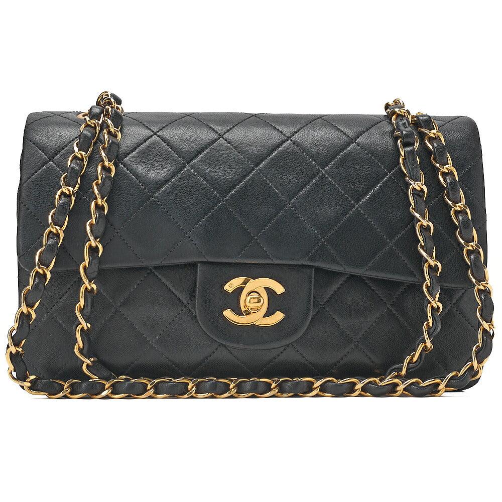 CHANEL Lambskin Matelasse Double Flap 23cm Chain Shoulder Black Gold-Tone Hardware, Pre-Owned