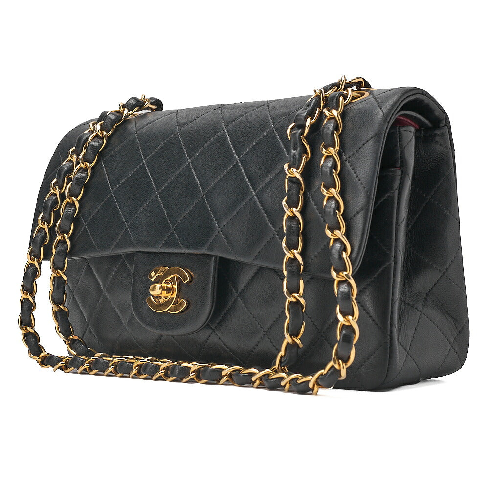 CHANEL Lambskin Matelasse Double Flap 23cm Chain Shoulder Black Gold-Tone Hardware, Pre-Owned