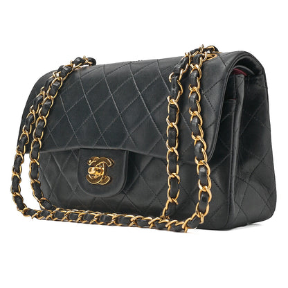 CHANEL Lambskin Matelasse Double Flap 23cm Chain Shoulder Black Gold-Tone Hardware, Pre-Owned