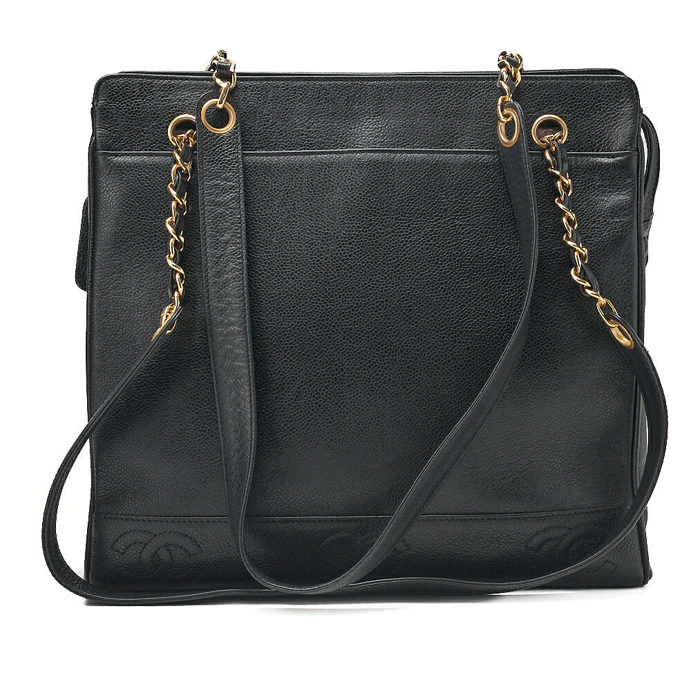 CHANEL Double Chain Tote Bag Triple Coco with Logo Charm Caviar Skin Black Gold-Tone Hardware, Pre-Owned