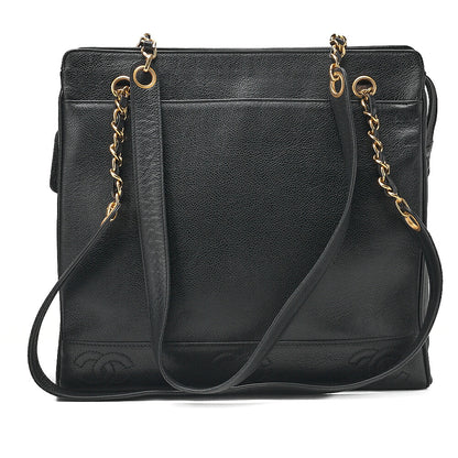 CHANEL Double Chain Tote Bag Triple Coco with Logo Charm Caviar Skin Black Gold-Tone Hardware, Pre-Owned