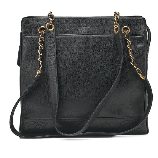 CHANEL Double Chain Tote Bag Triple Coco with Logo Charm Caviar Skin Black Gold-Tone Hardware, Pre-Owned