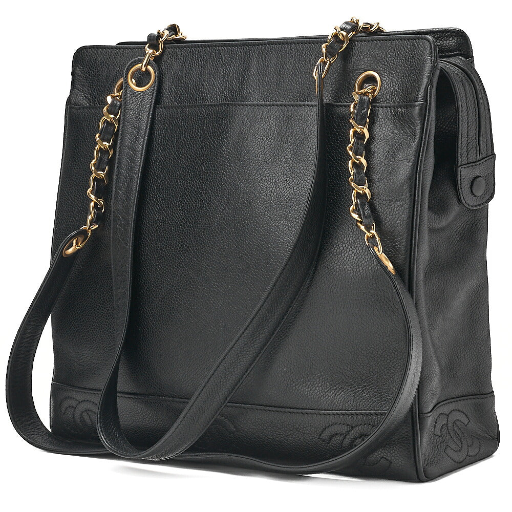 CHANEL Double Chain Tote Bag Triple Coco with Logo Charm Caviar Skin Black Gold-Tone Hardware, Pre-Owned