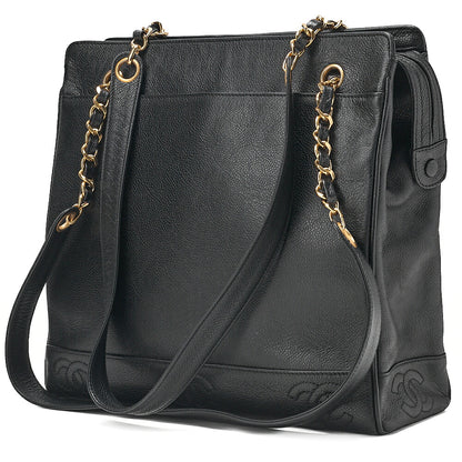 CHANEL Double Chain Tote Bag Triple Coco with Logo Charm Caviar Skin Black Gold-Tone Hardware, Pre-Owned