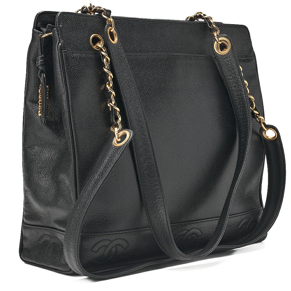 CHANEL Double Chain Tote Bag Triple Coco with Logo Charm Caviar Skin Black Gold-Tone Hardware, Pre-Owned