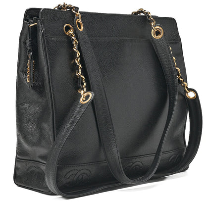 CHANEL Double Chain Tote Bag Triple Coco with Logo Charm Caviar Skin Black Gold-Tone Hardware, Pre-Owned