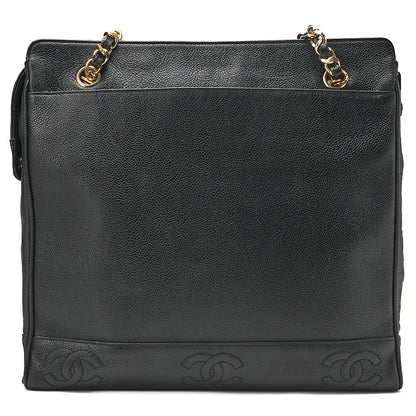 CHANEL Double Chain Tote Bag Triple Coco with Logo Charm Caviar Skin Black Gold-Tone Hardware, Pre-Owned