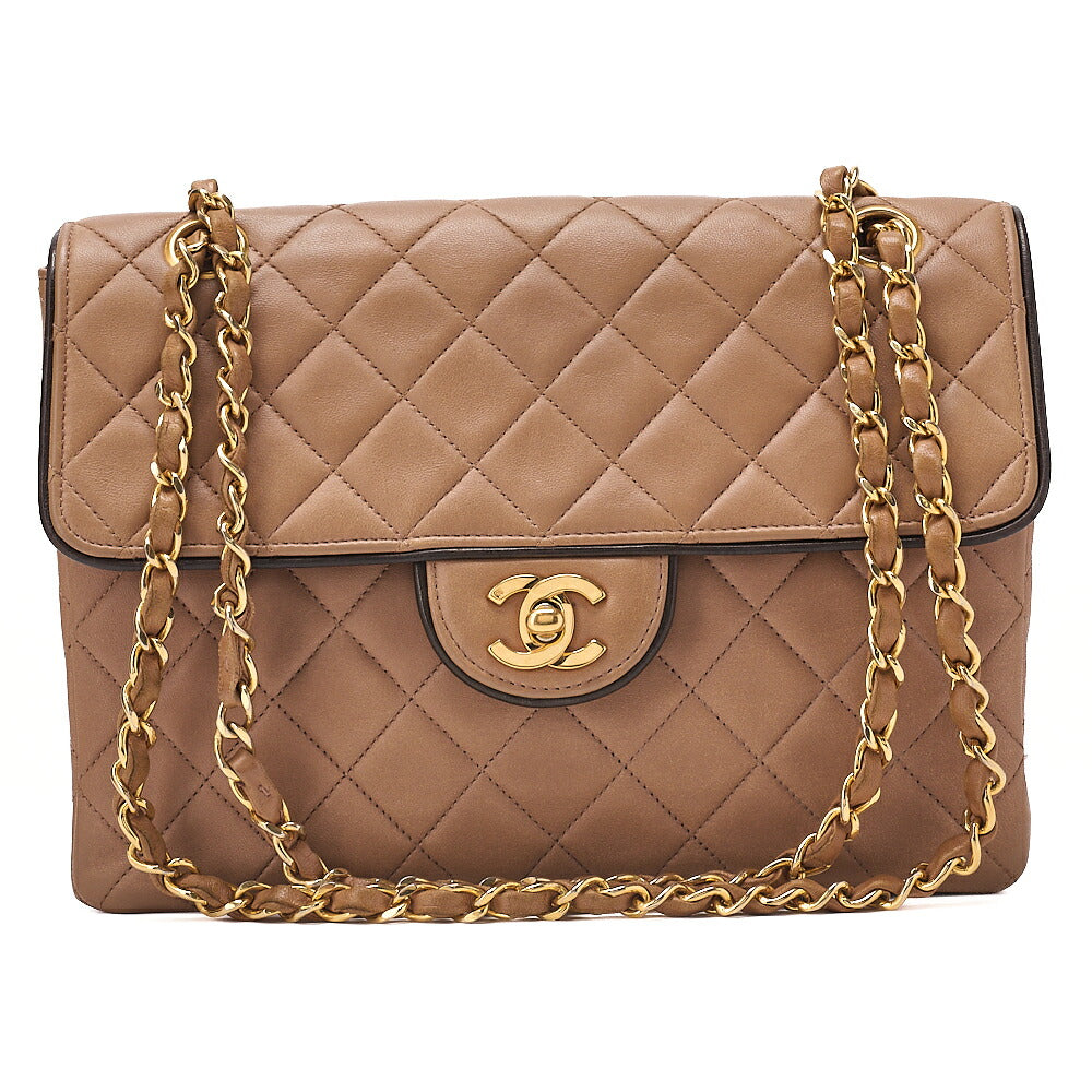 CHANEL Lambskin Matelasse Single Flap Chain Shoulder Beige x Black Gold-Tone Hardware, Pre-Owned