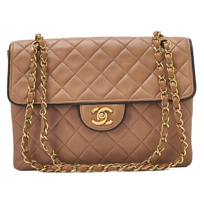CHANEL Lambskin Matelasse Single Flap Chain Shoulder Beige x Black Gold-Tone Hardware, Pre-Owned