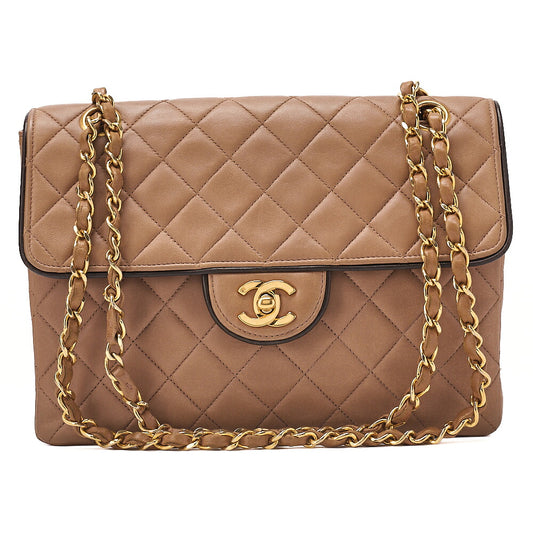 CHANEL Lambskin Matelasse Single Flap Chain Shoulder Beige x Black Gold-Tone Hardware, Pre-Owned