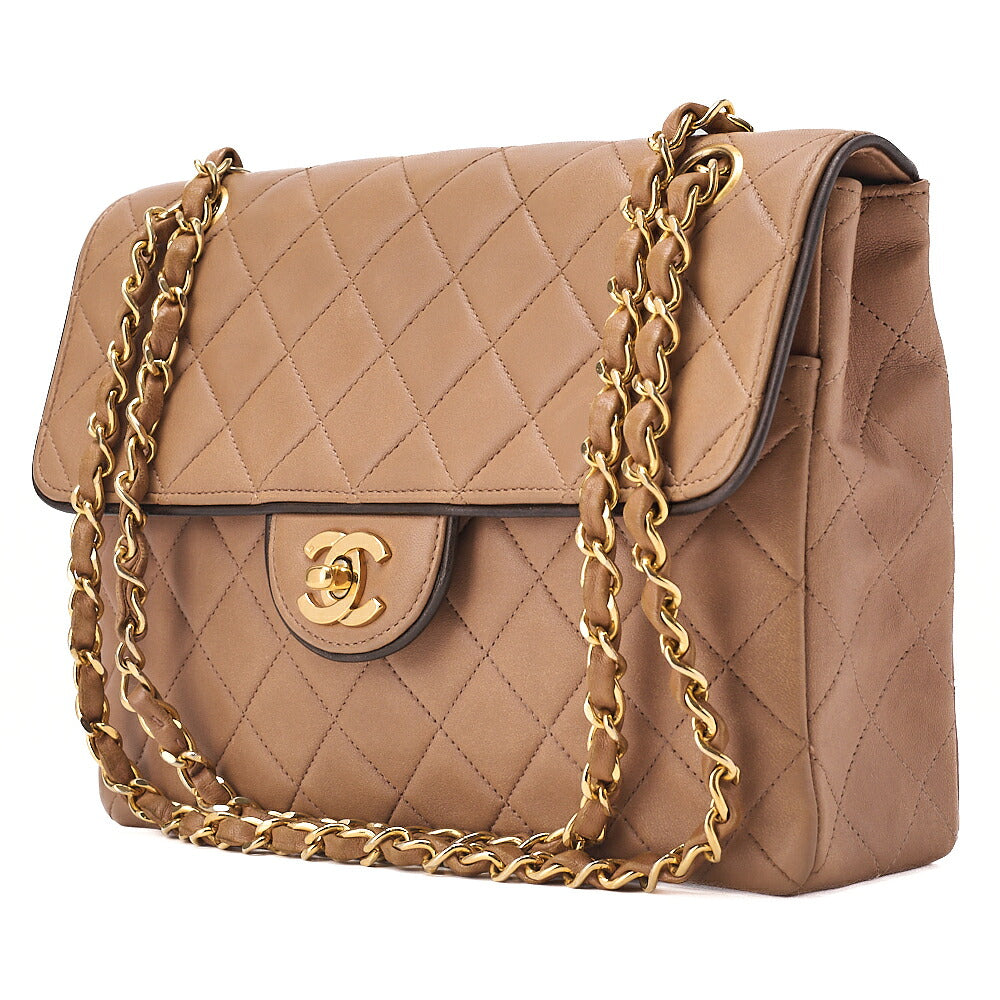 CHANEL Lambskin Matelasse Single Flap Chain Shoulder Beige x Black Gold-Tone Hardware, Pre-Owned