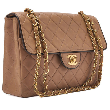 CHANEL Lambskin Matelasse Single Flap Chain Shoulder Beige x Black Gold-Tone Hardware, Pre-Owned
