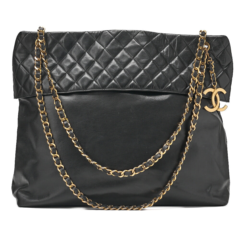 CHANEL Lambskin Leather x Matelasse with Coco Charm Large Size Chain Shoulder Black Gold-Tone Hardware, Pre-Owned