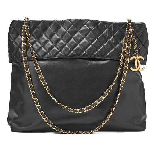CHANEL Lambskin Leather x Matelasse with Coco Charm Large Size Chain Shoulder Black Gold-Tone Hardware, Pre-Owned