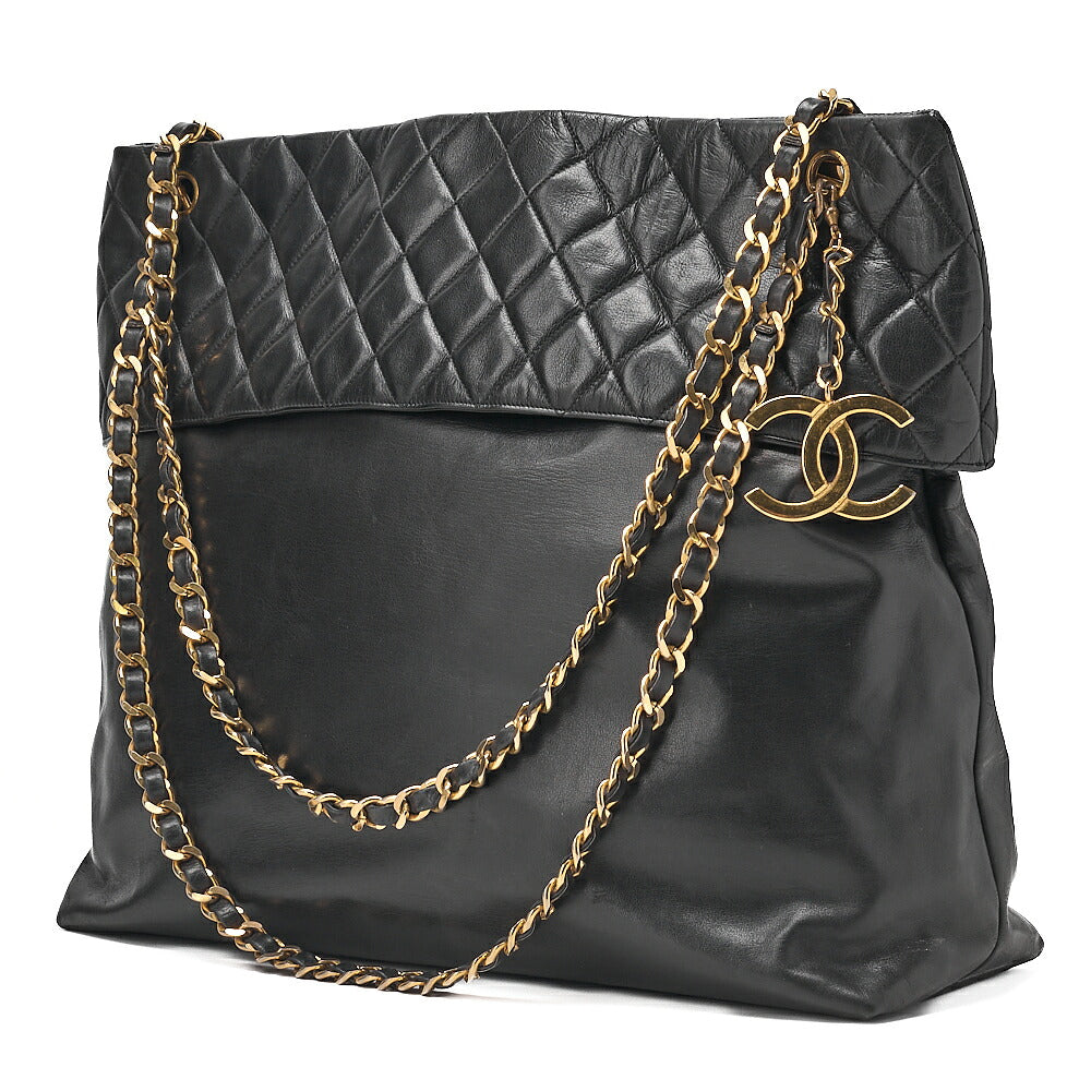 CHANEL Lambskin Leather x Matelasse with Coco Charm Large Size Chain Shoulder Black Gold-Tone Hardware, Pre-Owned