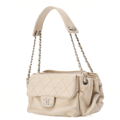 CHANEL Lambskin Wild Stitch Chain Shoulder Ivory Silver-Tone Hardware, Pre-Owned