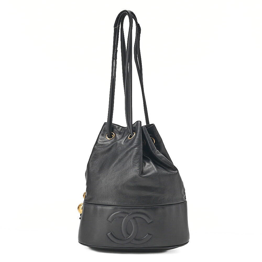 CHANEL Lambskin Drawstring Ball Charm Shoulder Bag Black Gold-Tone Hardware, Pre-Owned