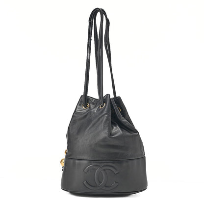 CHANEL Lambskin Drawstring Ball Charm Shoulder Bag Black Gold-Tone Hardware, Pre-Owned