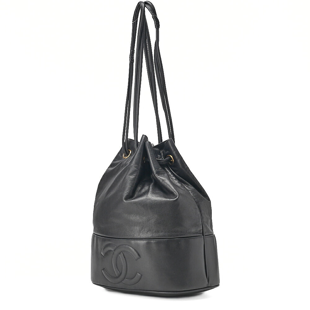 CHANEL Lambskin Drawstring Ball Charm Shoulder Bag Black Gold-Tone Hardware, Pre-Owned