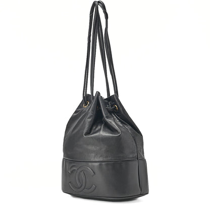 CHANEL Lambskin Drawstring Ball Charm Shoulder Bag Black Gold-Tone Hardware, Pre-Owned