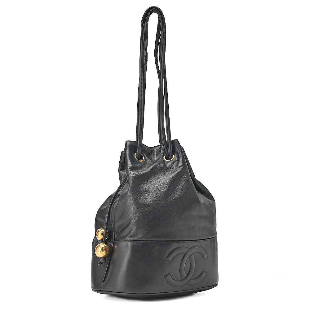 CHANEL Lambskin Drawstring Ball Charm Shoulder Bag Black Gold-Tone Hardware, Pre-Owned