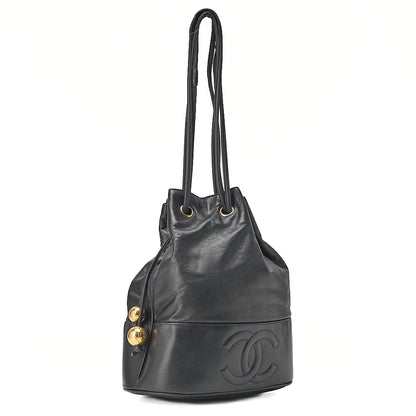 CHANEL Lambskin Drawstring Ball Charm Shoulder Bag Black Gold-Tone Hardware, Pre-Owned
