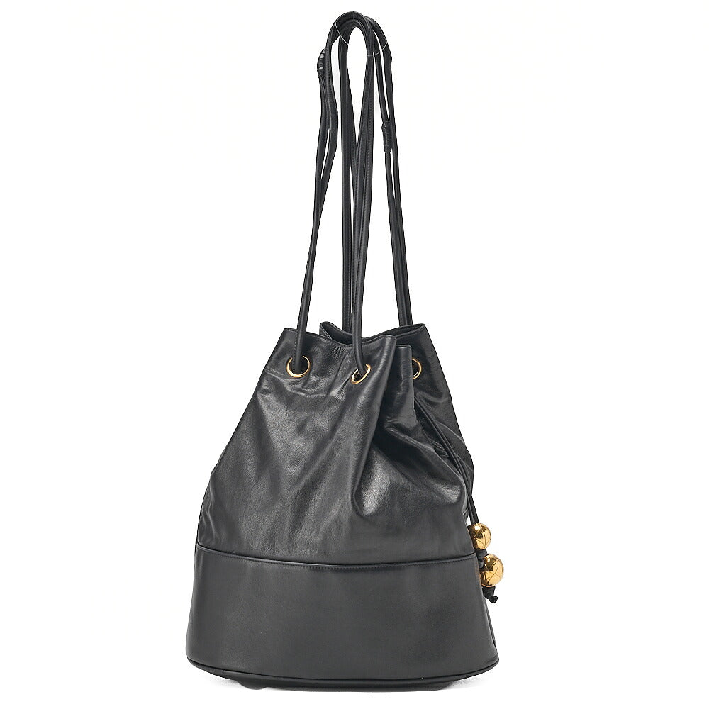 CHANEL Lambskin Drawstring Ball Charm Shoulder Bag Black Gold-Tone Hardware, Pre-Owned
