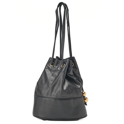 CHANEL Lambskin Drawstring Ball Charm Shoulder Bag Black Gold-Tone Hardware, Pre-Owned