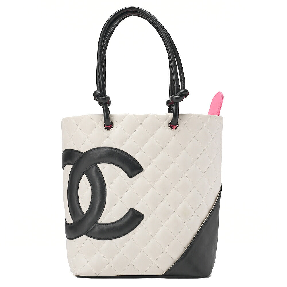 CHANEL Calf Leather Cambon Line Medium Tote Bag Black x White Silver-Tone Hardware, Pre-Owned