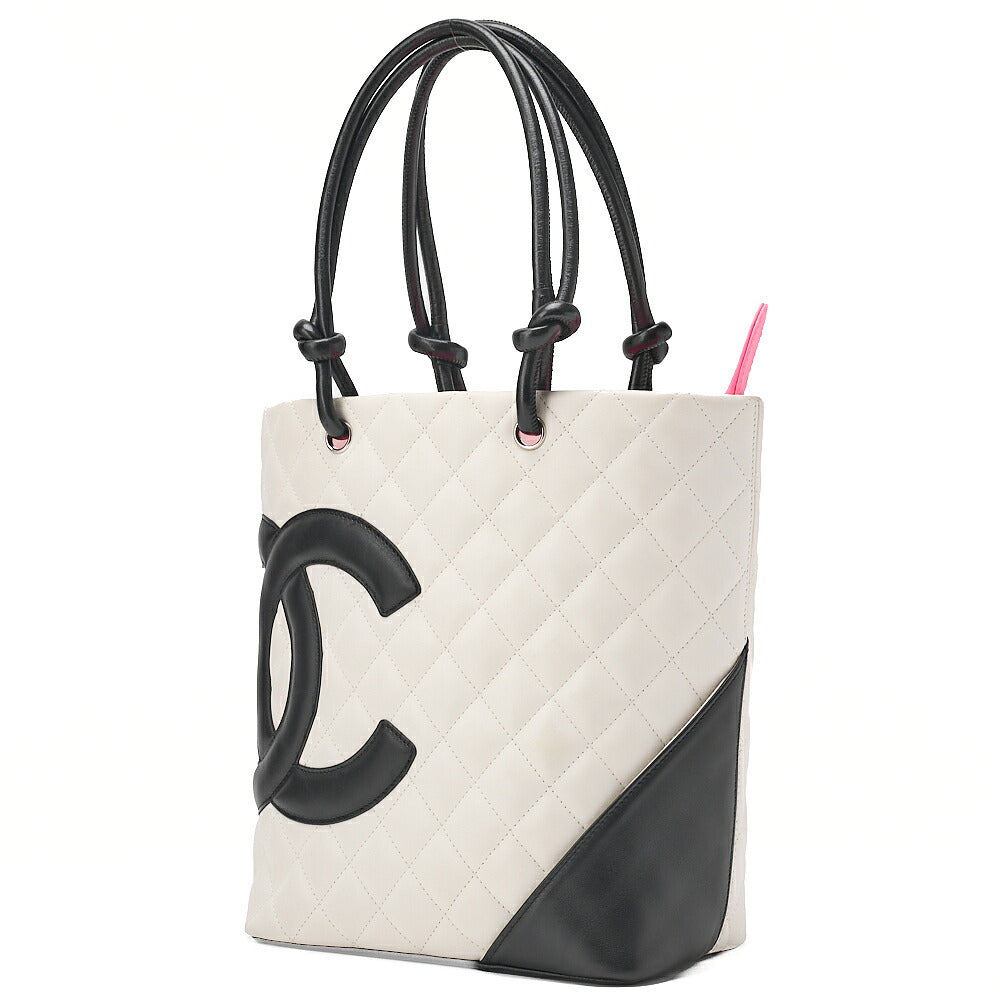 CHANEL Calf Leather Cambon Line Medium Tote Bag Black x White Silver-Tone Hardware, Pre-Owned