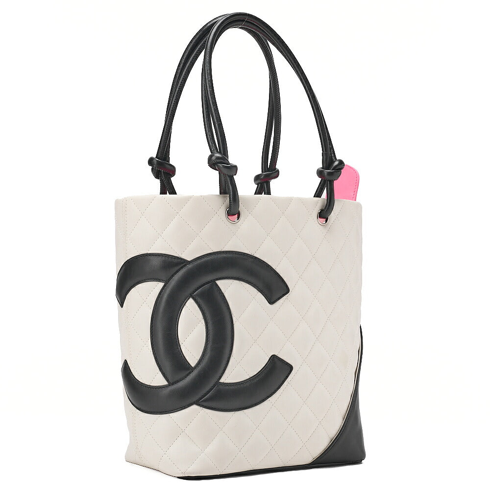 CHANEL Calf Leather Cambon Line Medium Tote Bag Black x White Silver-Tone Hardware, Pre-Owned