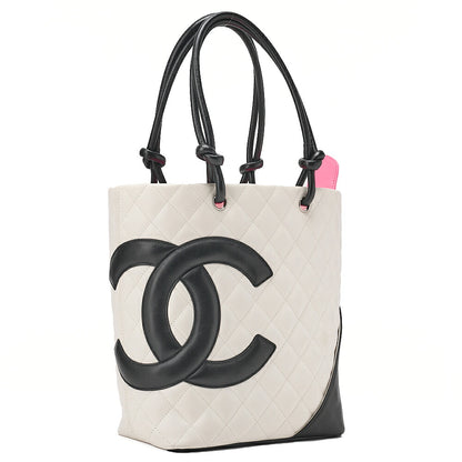 CHANEL Calf Leather Cambon Line Medium Tote Bag Black x White Silver-Tone Hardware, Pre-Owned
