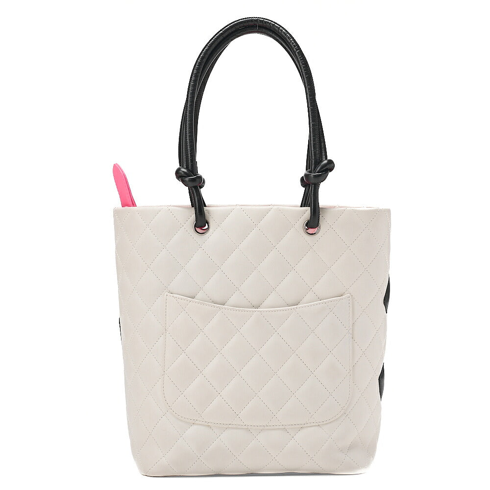 CHANEL Calf Leather Cambon Line Medium Tote Bag Black x White Silver-Tone Hardware, Pre-Owned
