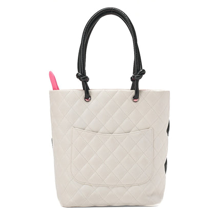 CHANEL Calf Leather Cambon Line Medium Tote Bag Black x White Silver-Tone Hardware, Pre-Owned
